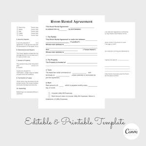 May include: A black and white printable Room Rental Agreement template. The document includes sections for the parties, property, term, rent, and utility bill expenses.