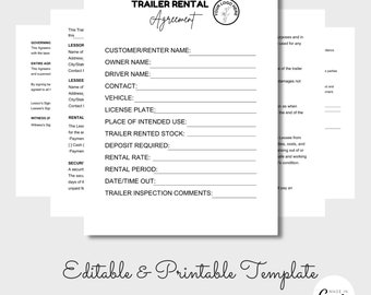 Trailer Rental Agreement, Trailer Lease Contract, Trailer Rental Contract, Canva Editable Contract, Commercial Lease