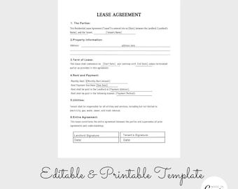 Editable Residential Lease Agreement, Lease Agreement Contract, Landlord Form Housing Apartment Contract, Rental Form
