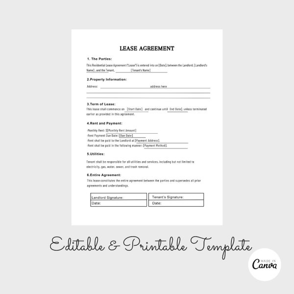 Editable Residential Lease Agreement, Lease Agreement Contract, Landlord Form Housing Apartment Contract, Rental Form