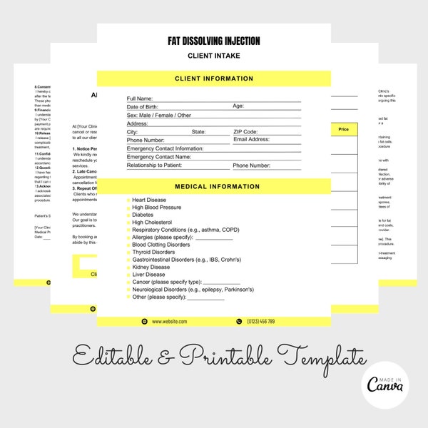 Fat Dissolve Consultation Forms, Client Intake form, Esthetician form, Fat dissolve Consent Form, Aftercare Informed Consent