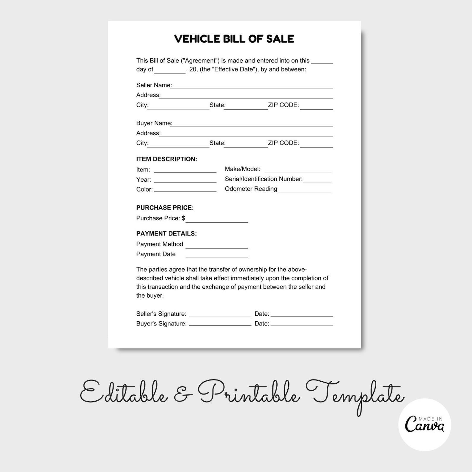 Moto Vehicle Bill of Sale, Car Sale Form, Bill of Sale Agreement, Bill