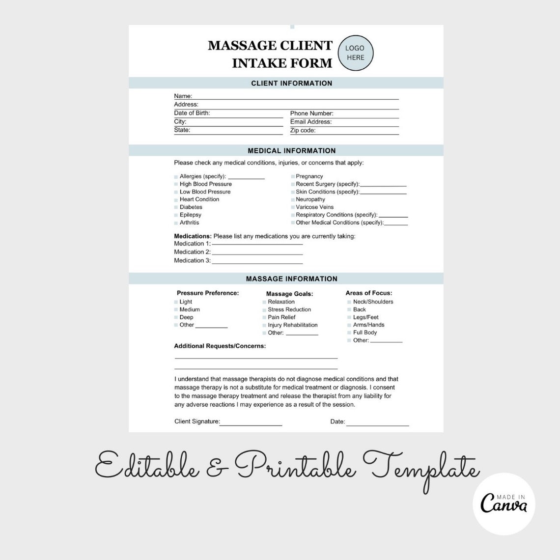 Massage Client Intake and Consent Form, Client Treatment Form, Massage ...