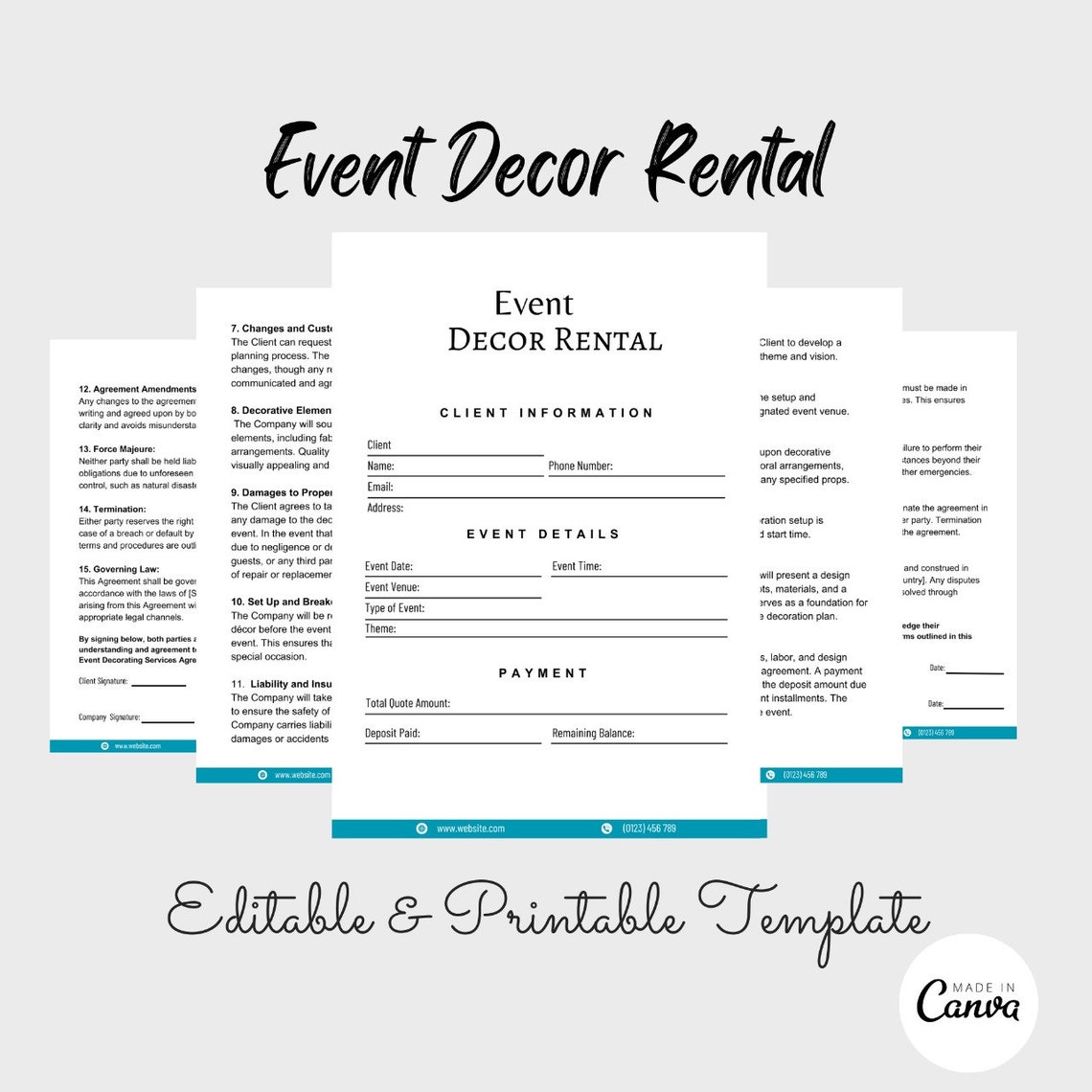Event Décor Rental Contract, Editable Canva Contract, Party Equipment