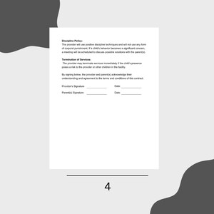 May include: A black and white document with the title "Discipline Policy" and "Termination of Services". The document includes a section for the provider and parent(s) to sign and date.