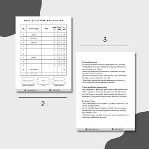 May include: A black and white menu selection and pricing sheet for a catering service. The sheet includes a table with a list of services, quantities, unit prices, and total prices. The sheet also includes a section with information about services provided, menu and dietary requirements, and payment terms.