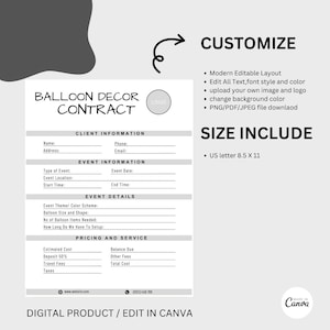 Contrato de artista de balões editável, contrato de decoração de balões, contrato de estilista de balões, formulário de pedido do Canva, contrato de artista de balões
