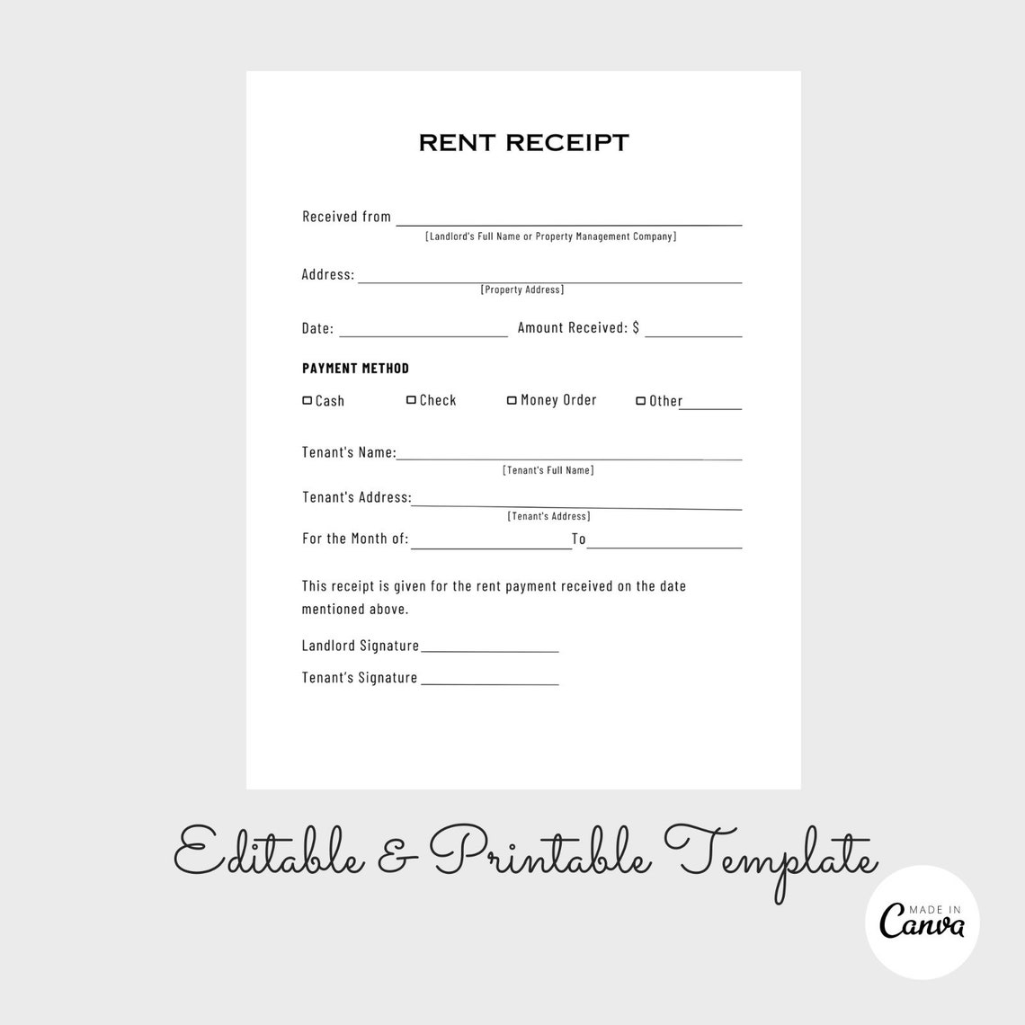 Printable Rent Receipt, Sales Receipt, Editable Receipt Template