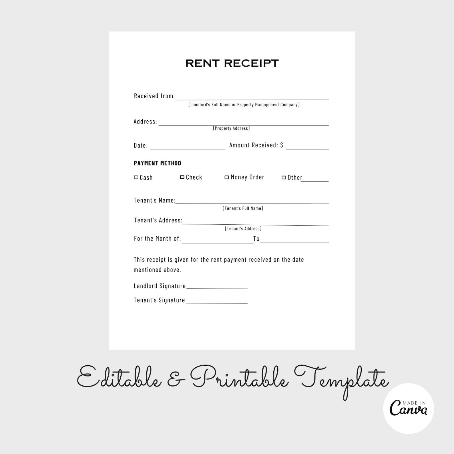 Printable Rent Receipt, Sales Receipt, Editable Receipt Template