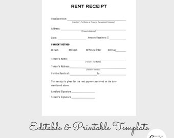 Printable Rent Receipt, Sales Receipt, Editable Receipt Template, Landlord Rental Receipt Template, Property Rent Receipt