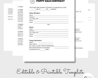 Puppy Sale Contract Agreement, 4 Page Canva Template, Puppy Purchase Agreement, Dog Breeding, PDF
