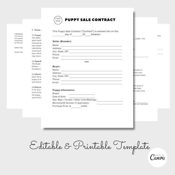 Puppy Sale Contract Agreement, 4 Page Canva Template, Puppy Purchase Agreement, Dog Breeding, PDF