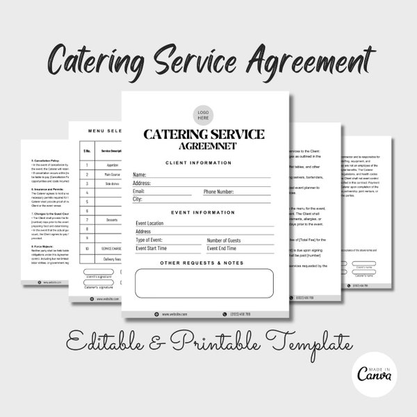 Editable Catering Contract Template, Catering Order Form, Catering Service Form, Catering Business Contract PDF, Food Service