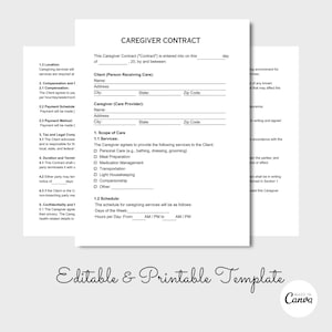 Editable Caregiver Contract, Caregiver Invoice Template, Nanny Contract Template, Nanny Form, PDF
