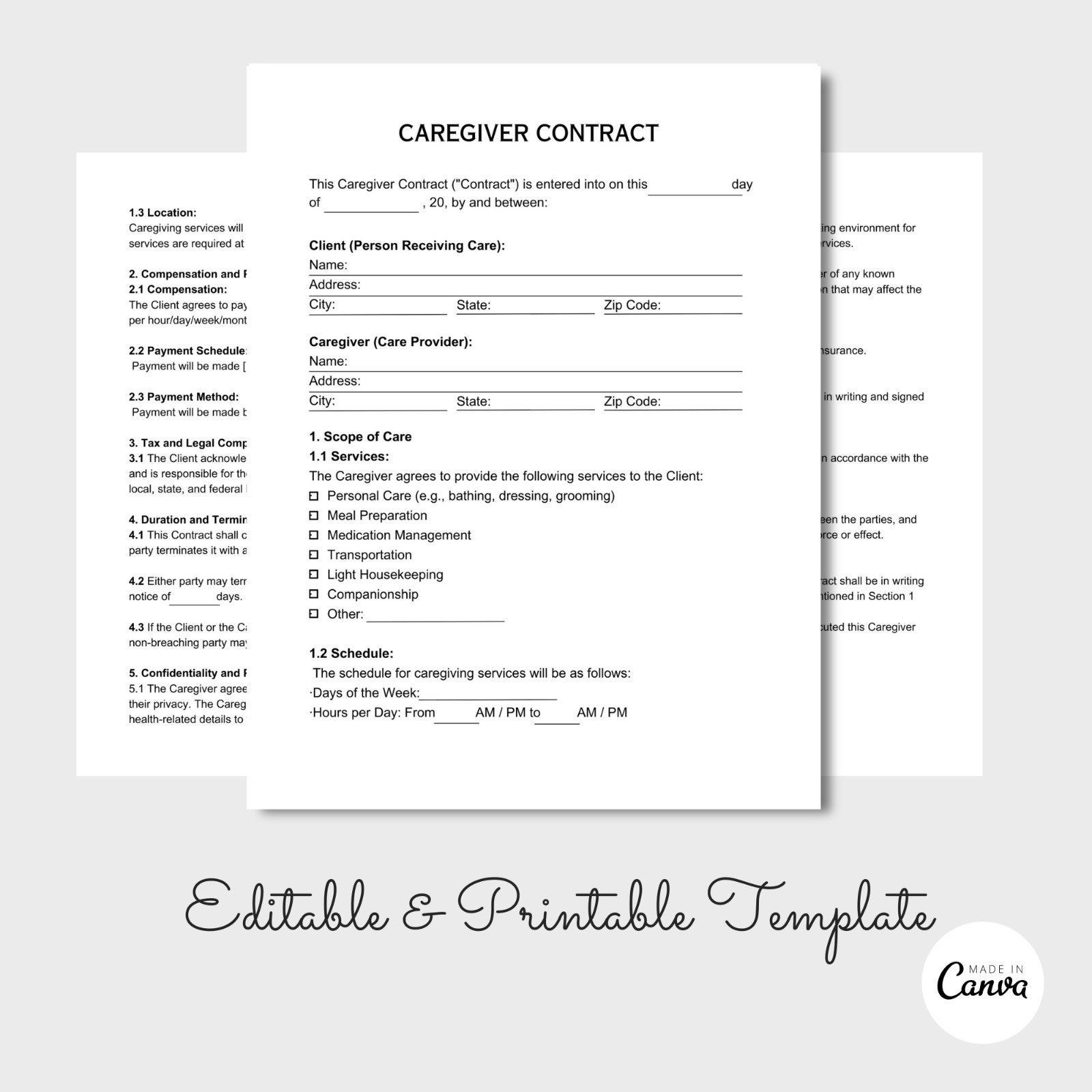 Editable Caregiver Contract, Caregiver Invoice Template, Nanny Contract