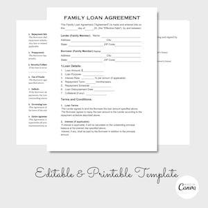 Family Loan Agreement, Simple Family Loan Contract, Family Loan Form, Editable PDF