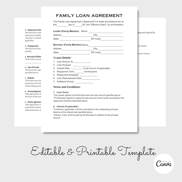 Family Loan Agreement, Simple Family Loan Contract, Family Loan Form, Editable PDF