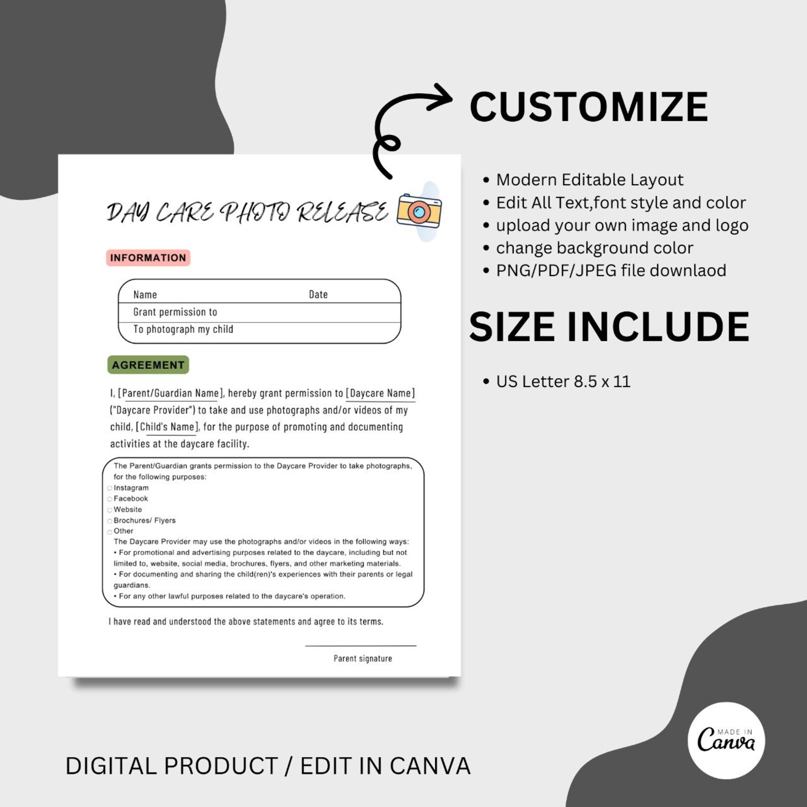 Photo Release Form Childcare, Daycare Photo Release Form, Video Release ...