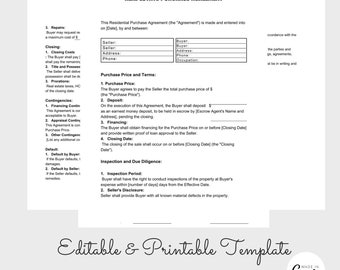 May include: Editable real estate purchase agreement template with sections for seller and buyer information, purchase price and terms, inspection and due diligence, and closing details. The template is made in Canva.