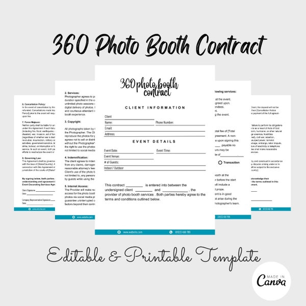 360 Photo Booth Contract Template, Photo Booth Agreement, Contract Template, Video Booth Rental Contract, Editable Photo Booth Contract