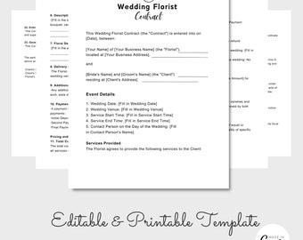 May include: Editable wedding florist contract template with sections for event details, services provided, payment, and pricing. The template is designed for use by wedding florists and couples.