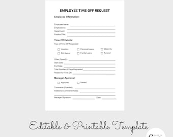 Employee Time Off Request Template, Time Off Request Form, PTO Request Template, PDF