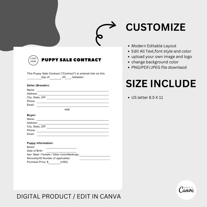 Puppy Sale Contract Agreement, 4 Page Canva Template, Puppy Purchase