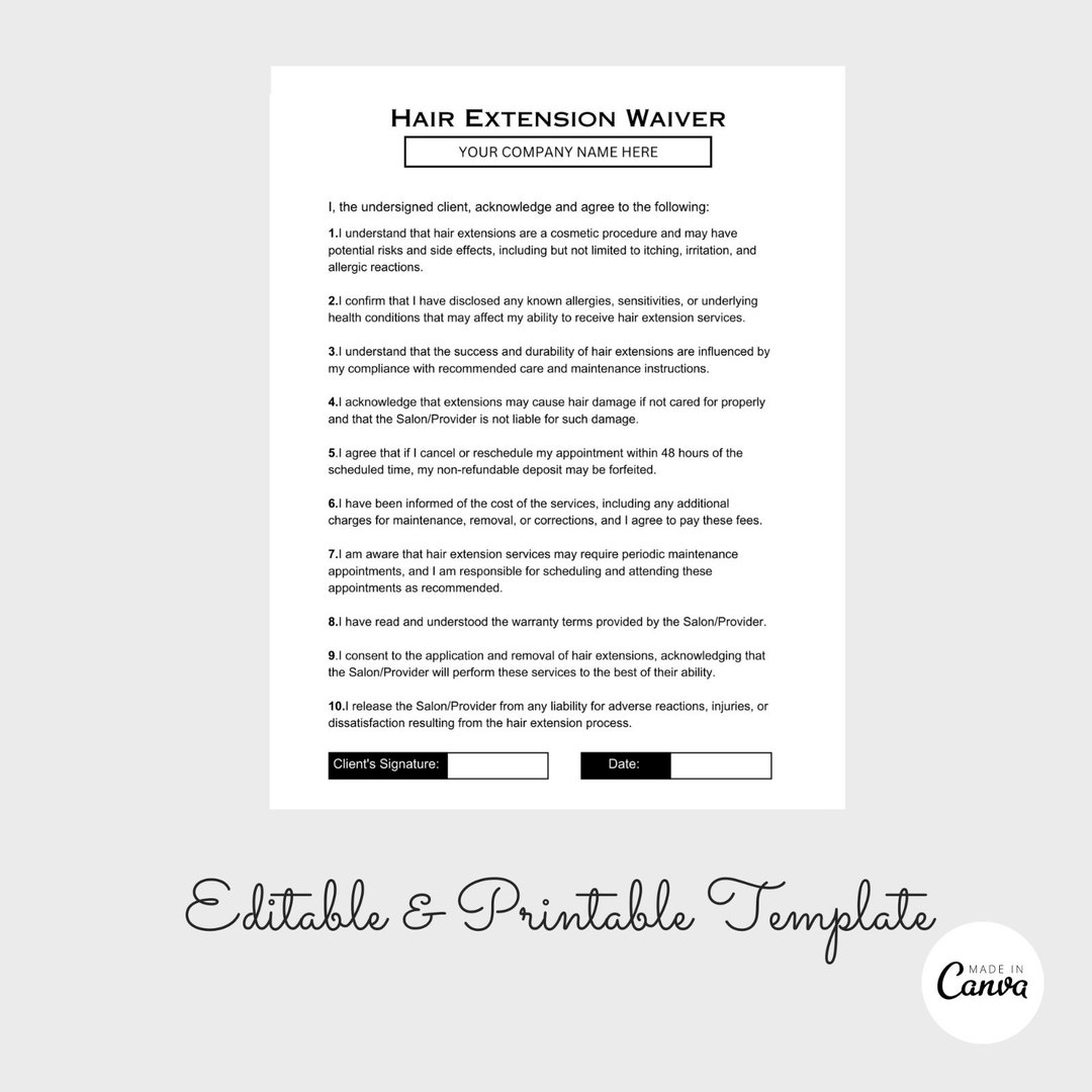 Hair Extension Waiver, Hair Extension Consent Form, Hair Extension