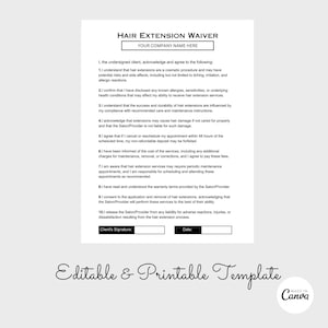 Exención de extensiones de cabello, formulario de consentimiento para extensiones de cabello, formulario de autorización para extensiones de cabello, contrato para extensiones de cabello, PDF