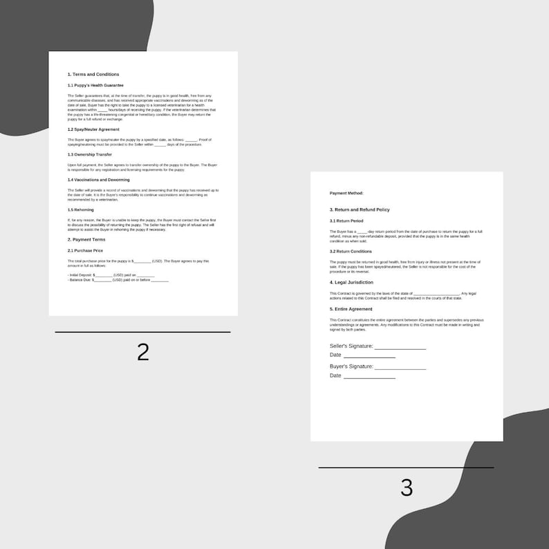 May include: A black and white legal document with the title "Terms and Conditions" and "Return and Refund Policy". The document includes sections for "Puppy's Health Guarantee", "Payment Method", "Legal Jurisdiction", and "Entire Agreement".