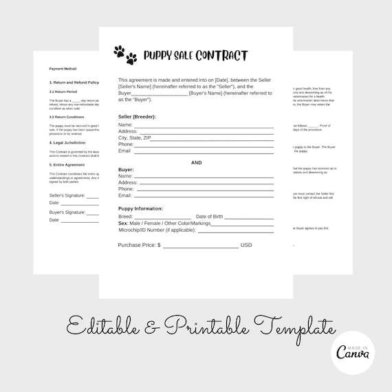 Puppy Sale Contract Agreement, 4 Page Canva Template, Puppy Purchase Agreement, Dog Breeding, PDF