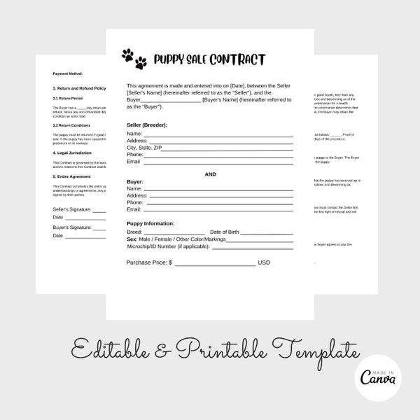 Puppy Sale Contract Agreement, 4 Page Canva Template, Puppy Purchase Agreement, Dog Breeding, PDF