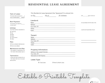 Editable Residential Lease Agreement, Lease Agreement Contract, Landlord Form Housing Apartment Contract, Rental Form