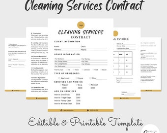 May include: A printable cleaning services contract template with sections for client information, house information, services and pricing, and add-on services. The template also includes an invoice section.