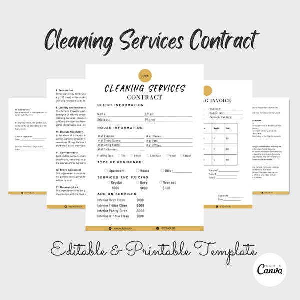 Cleaning service agreement, Editable Cleaning contract template, Cleaning business documents, Cleaning service bundle, Cleaning form