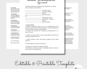 Brand Ambassador Contract Template, Influencer Contract, Social Media Contract, Collaboration Agreement, Brand Influencer Form