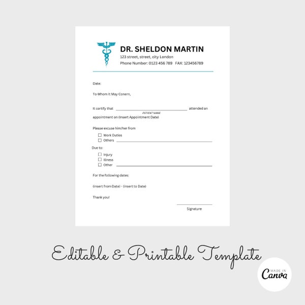 Editable Doctors Excuse Note, Printable Doctor Excuse Letter, Doctors Note for Work, Medical Excuse Letter, Medical Leave