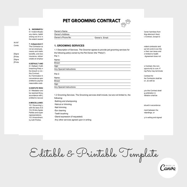Dog Grooming Consent Form Template Etsy