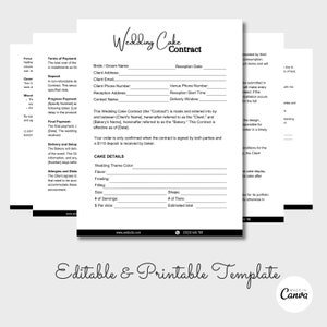 May include: Editable wedding cake contract template with sections for client information, cake details, and payment terms. The contract includes fields for the bride and groom's names, addresses, phone numbers, and email addresses. It also includes sections for the wedding date, venue information, and cake details such as flavor, frosting, size, and number of servings. The contract is designed to be printed and signed by both the client and the baker.