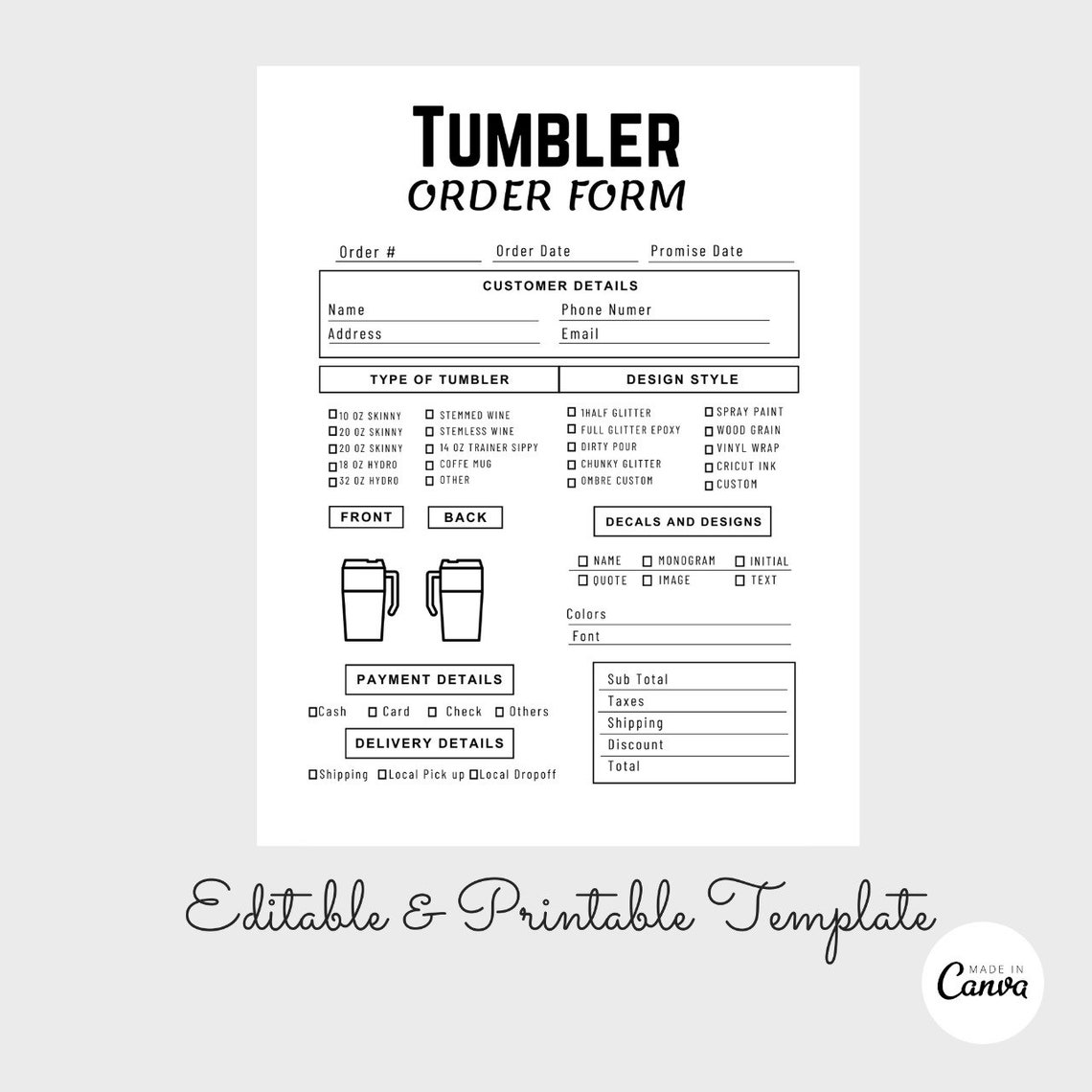 Tumbler Order Form Template, Tumbler Order Form Printable, Editable ...