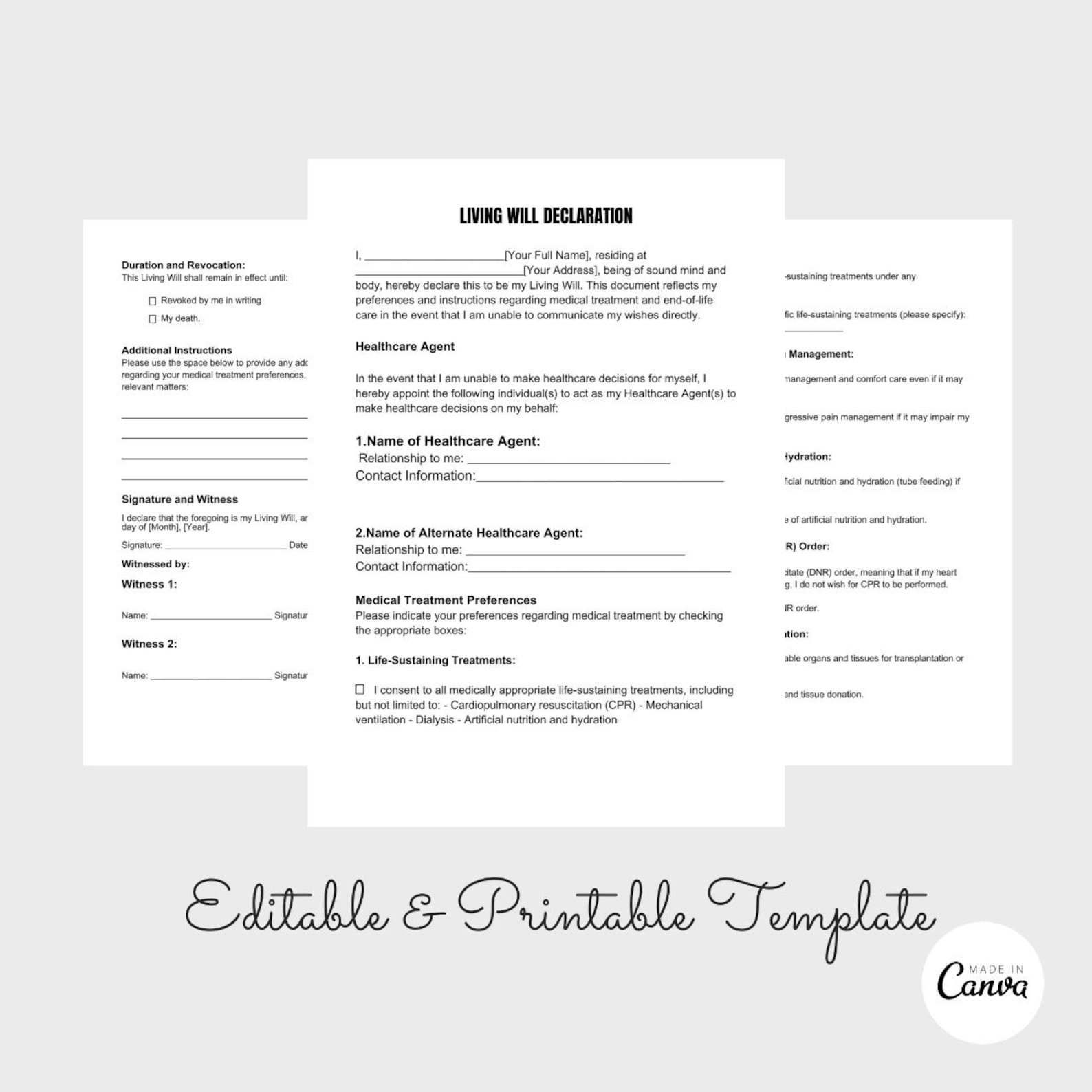 Printable Living Will Form, Living Will Declaration, Health Care Directive PDF, Legal Contract ...