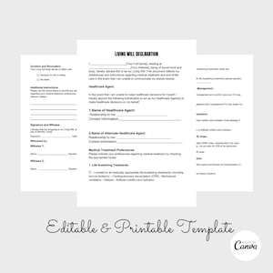 May include: A printable living will declaration form with sections for personal information, healthcare agent, medical treatment preferences, and life-sustaining treatments. The form is designed to be filled out by hand.