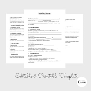 May include: A printable tutoring contract template with sections for student and tutor responsibilities, cancellation policies, progress reports, and confidentiality agreements. The template is editable and can be customized for individual tutoring needs.