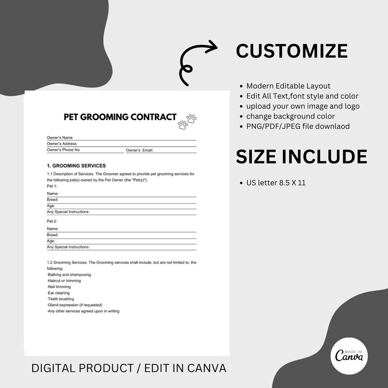 Pet Grooming Agreement Template, Editable Pet Grooming Form, Grooming ...