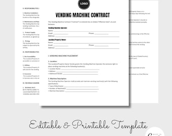 May include: A black and white printable vending machine contract template. The contract includes sections for responsibilities, vending machine placement, and revenue sharing. The text "Vending Machine Contract" is at the top of the page.