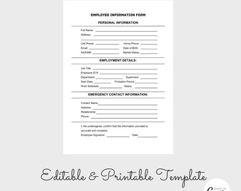 Employee Information Form, New Hire Paperwork, Employee Onboarding, HR Templates, Printable Download