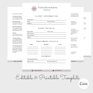 Contratto di noleggio di decorazioni per eventi, contratto Canva modificabile, contratto di noleggio di attrezzature per feste, contratto di noleggio di decorazioni per matrimoni, contratto di noleggio