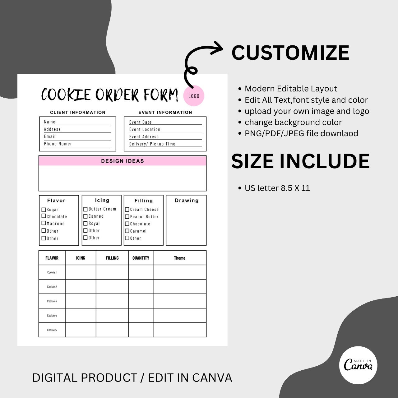 Custom Cookie Order Form, Bakery Order Form, Cake Order Form, Bakery ...