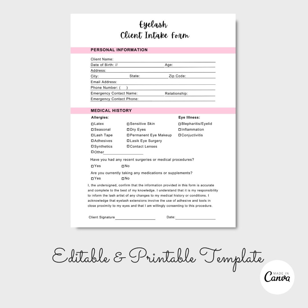 Eyelash Extensions Intake and Consent Form, Eyelash Waiver, Editable Esthetician Form, PDF Etsy
