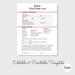 Formulaire d'admission et de consentement pour les extensions de cils, dispense de traitement des cils, formulaire modifiable pour l'esthéticienne, PDF